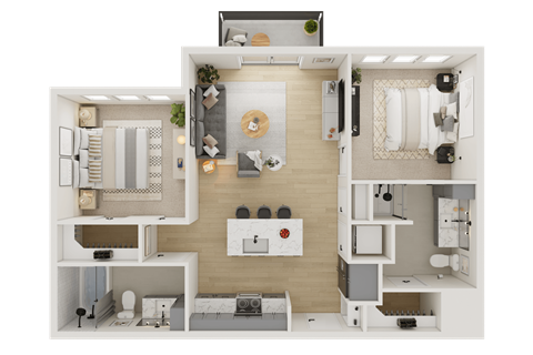 Floor plan for 2 beds, 2 baths, 886 sqft